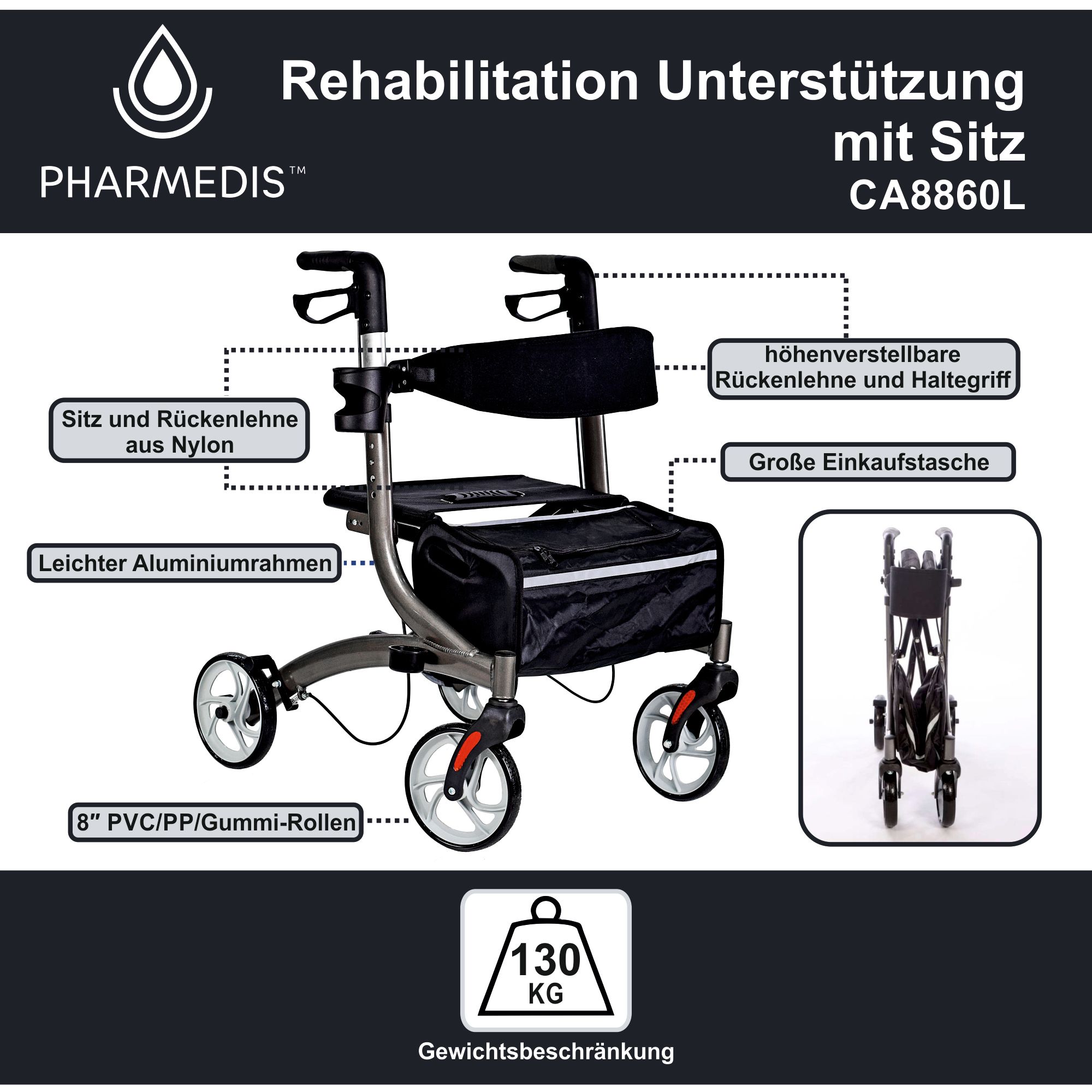Rehabilitations-Rollator mit schwarzem Sitz und Tasche Pharmedis