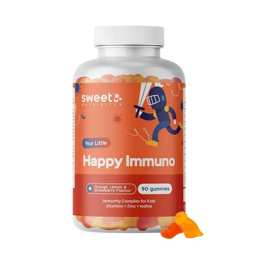 Eine Flasche mit Happy Immuno Gummis. Aufschrift: 90 Gummis, Orange, Zitrone & Erdbeer-Geschmack. Enthält Vitamine, Zink und Jod.
