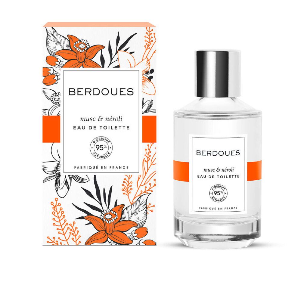 Berdoues musc & néroli Eau de Toilette, Flakon und Schachtel. Weiße Flasche mit silbernem Deckel und orangefarbenem Streifen. 95% natürlich.