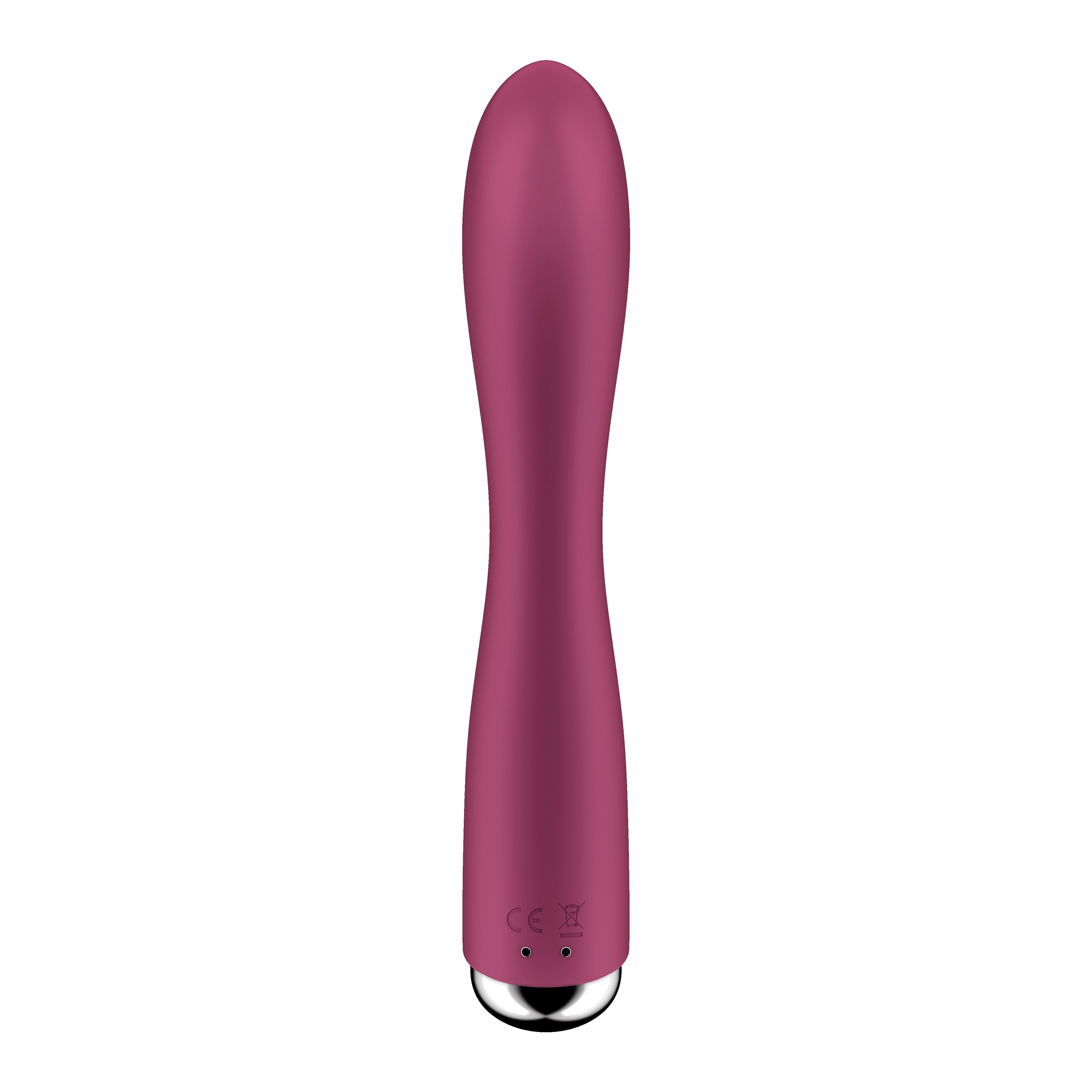 Lila Vibrator mit glatter Oberfläche. Hat eine längliche Form mit einem silbernen Ende.