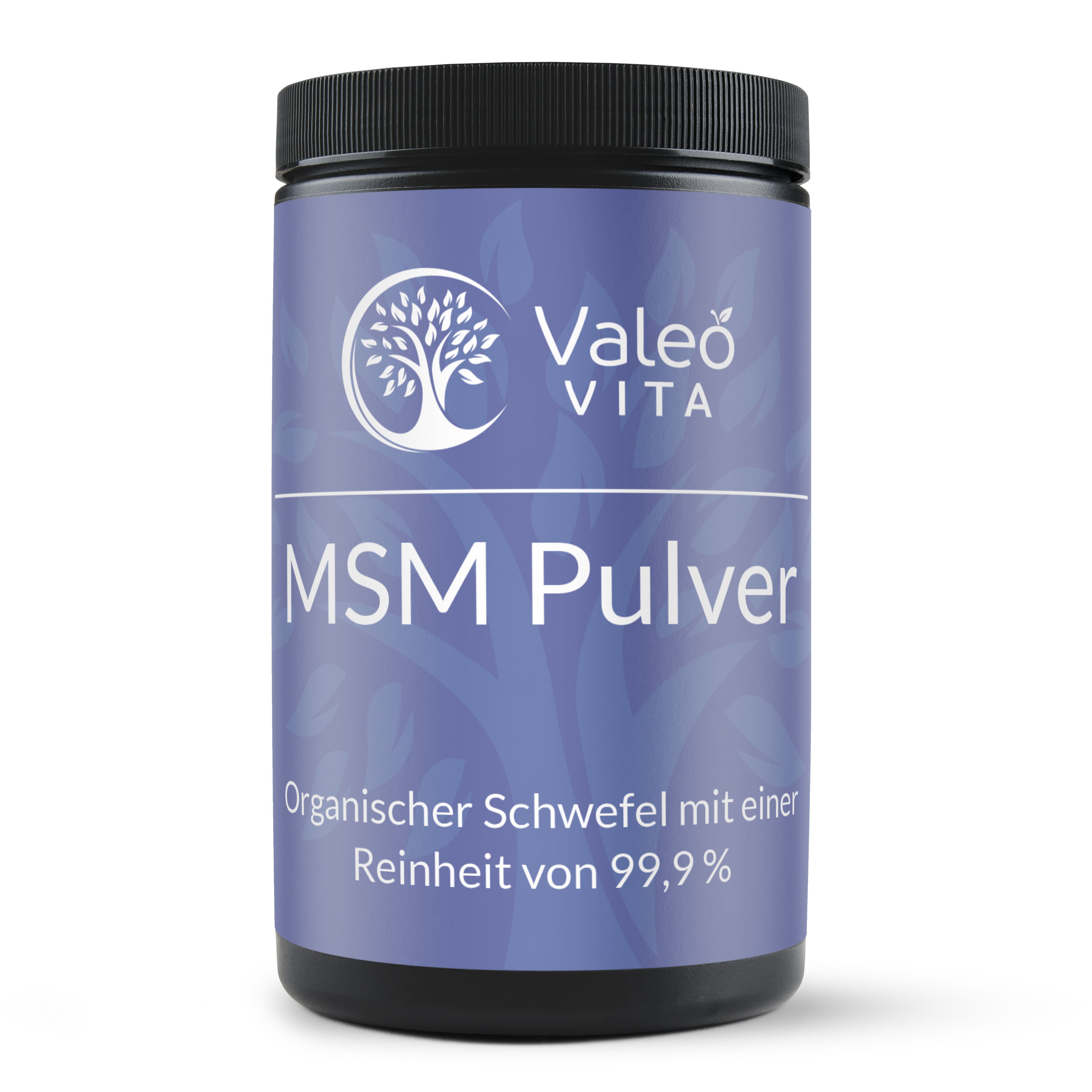 Dose mit schwarzem Deckel. Aufschrift: Valeo Vita, MSM Pulver, organischer Schwefel mit 99,9% Reinheit.