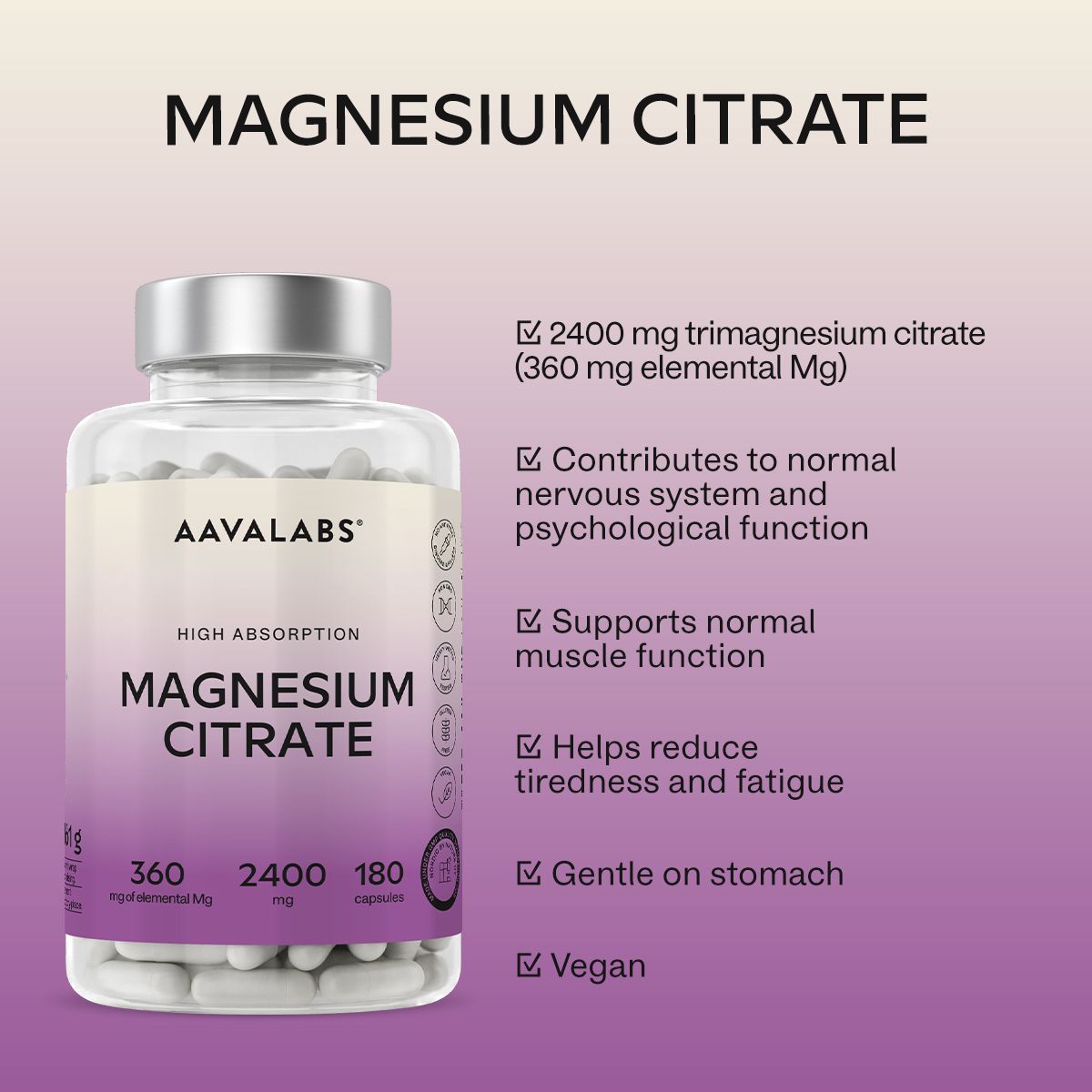 Flasche Magnesiumcitrat mit Liste der Vorteile.