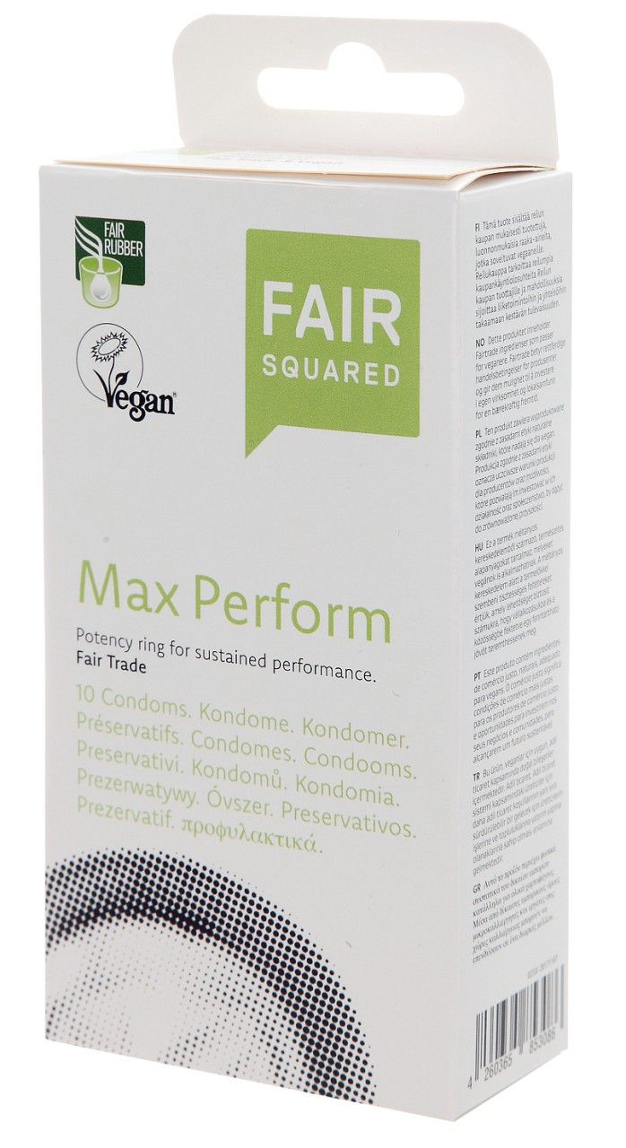 Weiße Verpackung mit FAIR SQUARED Logo und Produktbezeichnung Max Perform. Vegan-Siegel und Fair Rubber-Logo.