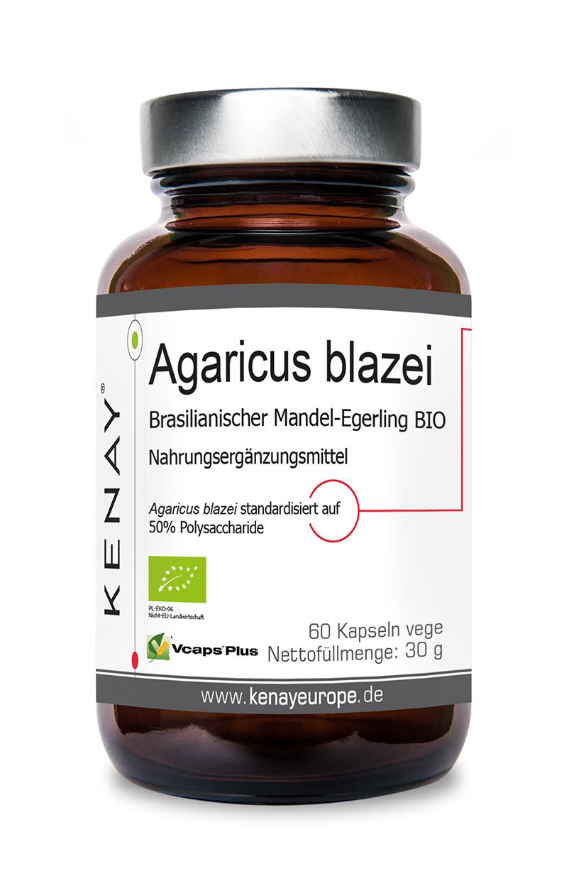 Braune Glasflasche mit Kapseln. Beschriftung: Agaricus blazei, KENAY®, Bio-Siegel, 60 Kapseln, Nahrungsergänzungsmittel.