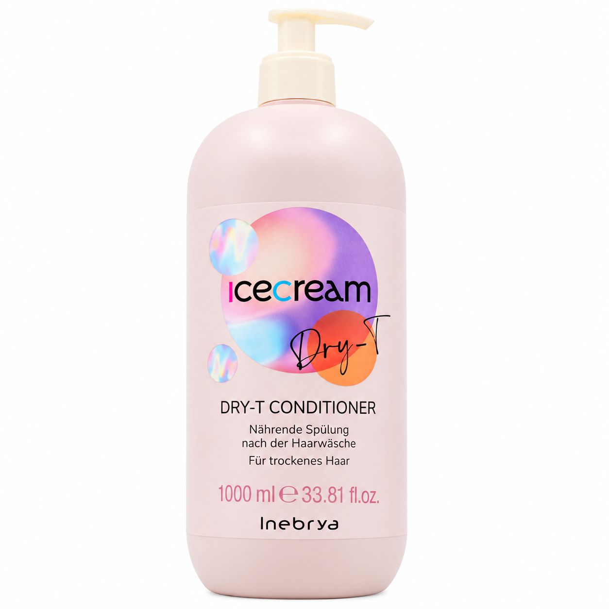 Rosa Spenderflasche "icecream Dry-T Conditioner" mit Pumpspender und bunter Kreismusterung.