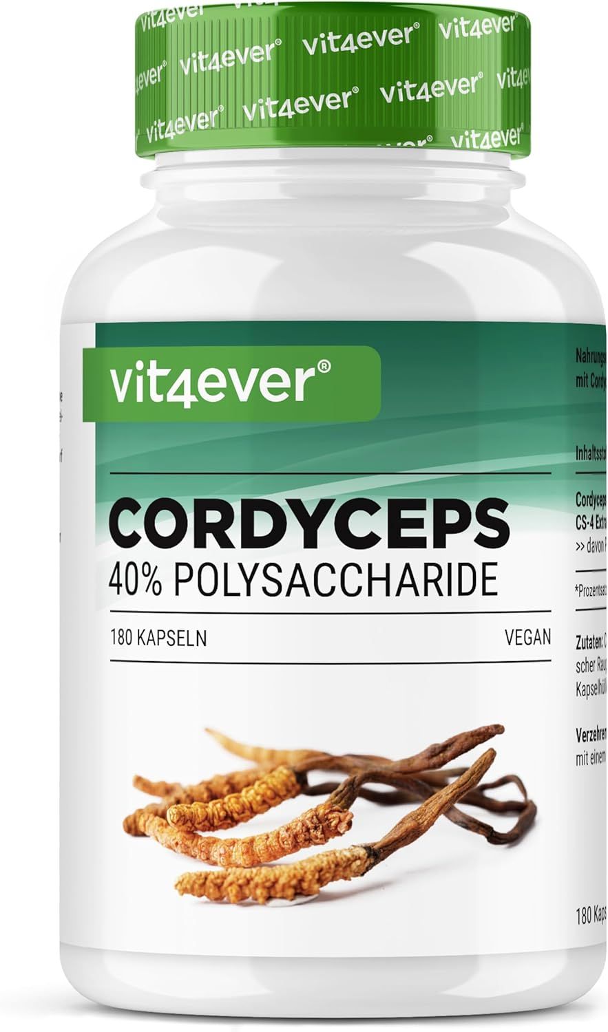 Eine Flasche Cordyceps Intenso. Aufschrift: vit4ever, Cordyceps 40% Polysaccharide, 180 Kapseln. Vegan. Abgebildet sind Cordyceps-Pilze.