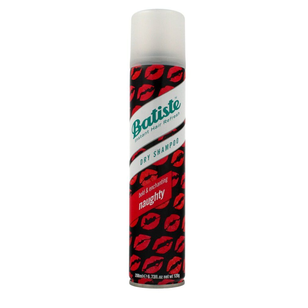 Batiste Trockenshampoo. Zylindrische Dose mit rotem Lippenmuster. Weißer Deckel. Schriftzug: Batiste, Dry Shampoo, Naughty.