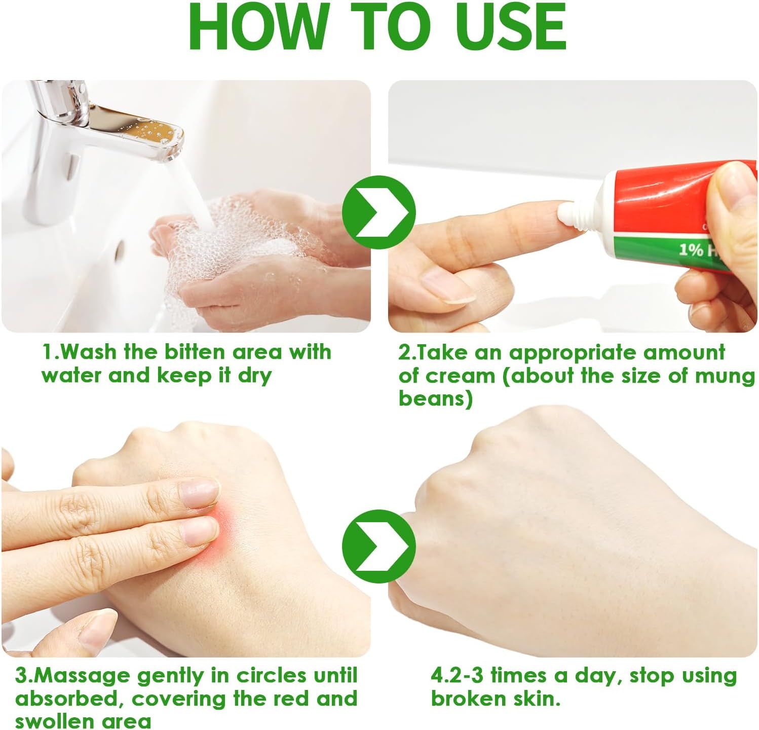 Anleitung zur Anwendung. Hände waschen, Creme auftragen, einmassieren. Text: "HOW TO USE".