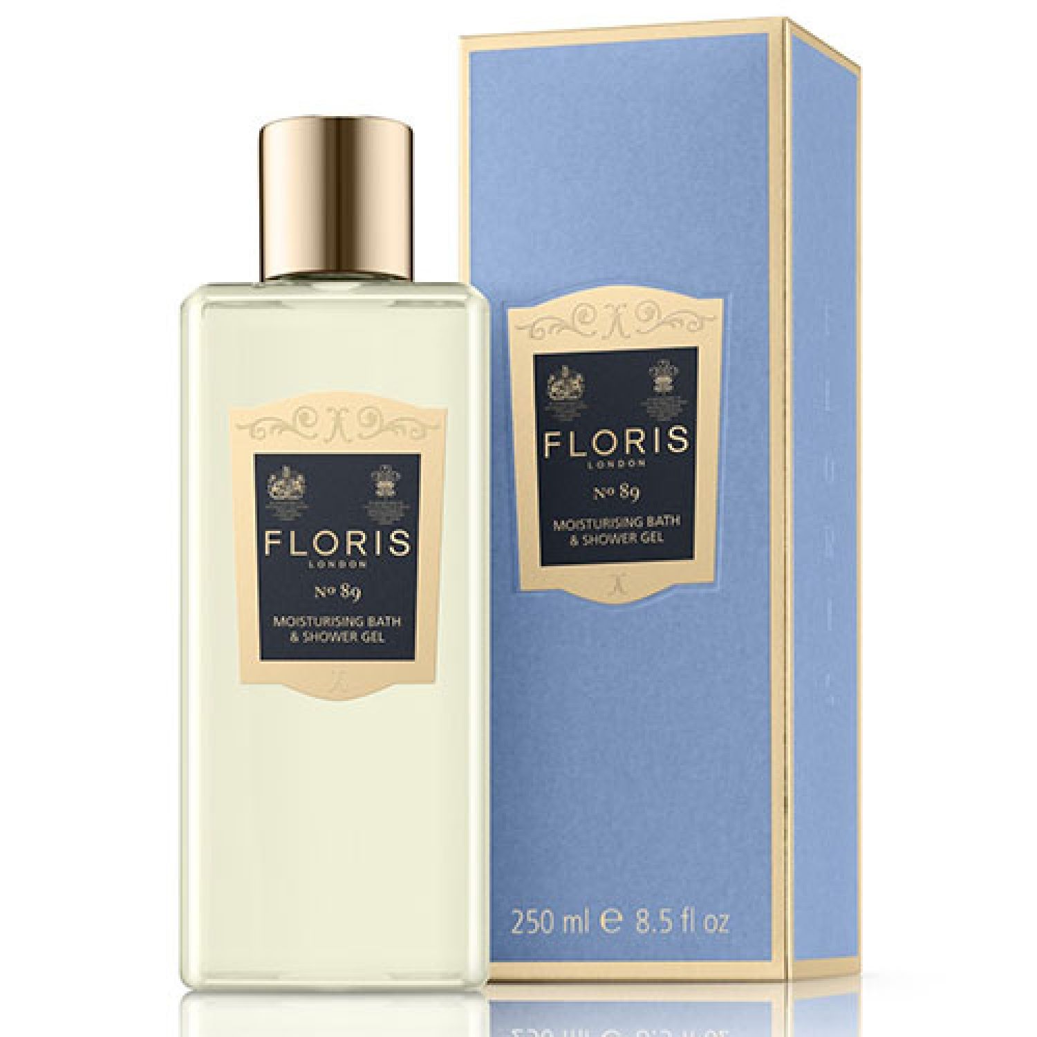 Floris No. 89 Feuchtigkeitsspendendes Bad- & Duschgel in klarer Flasche mit goldfarbenem Verschluss und blauer Faltschachtel.