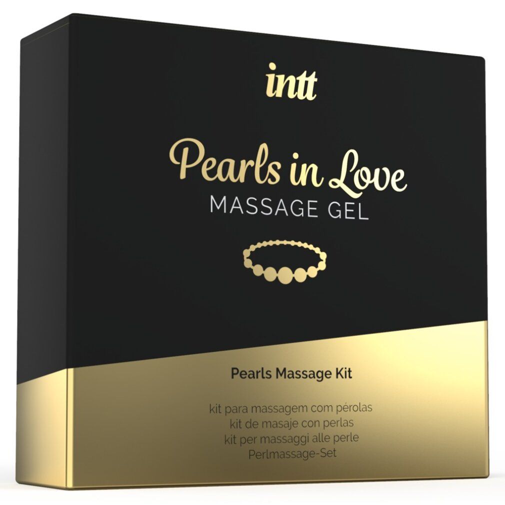 Schwarze Schachtel mit goldener Schrift: intt Pearls in Love Massage Gel. Perlenkette. Massage-Kit.