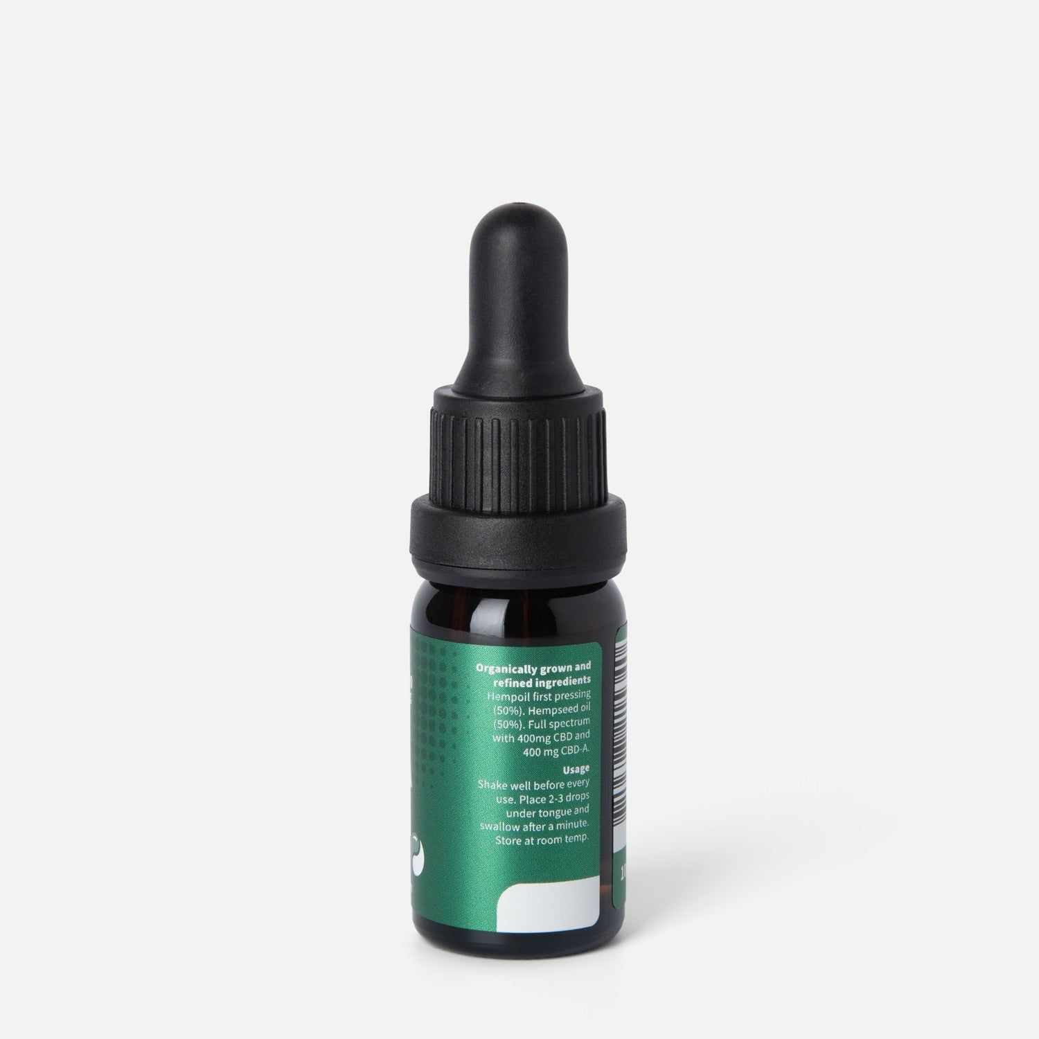 Braune Glasflasche mit schwarzem Verschluss und Pipette. Grünes Etikett mit Text über Inhaltsstoffe und Anwendung.