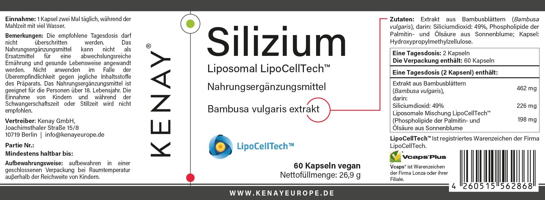 Etikett mit Produktinformationen. Enthält Silizium Lipocell Tech™ KENAY®, 60 vegane Kapseln. Inhaltsstoffe und Nährwertangaben.