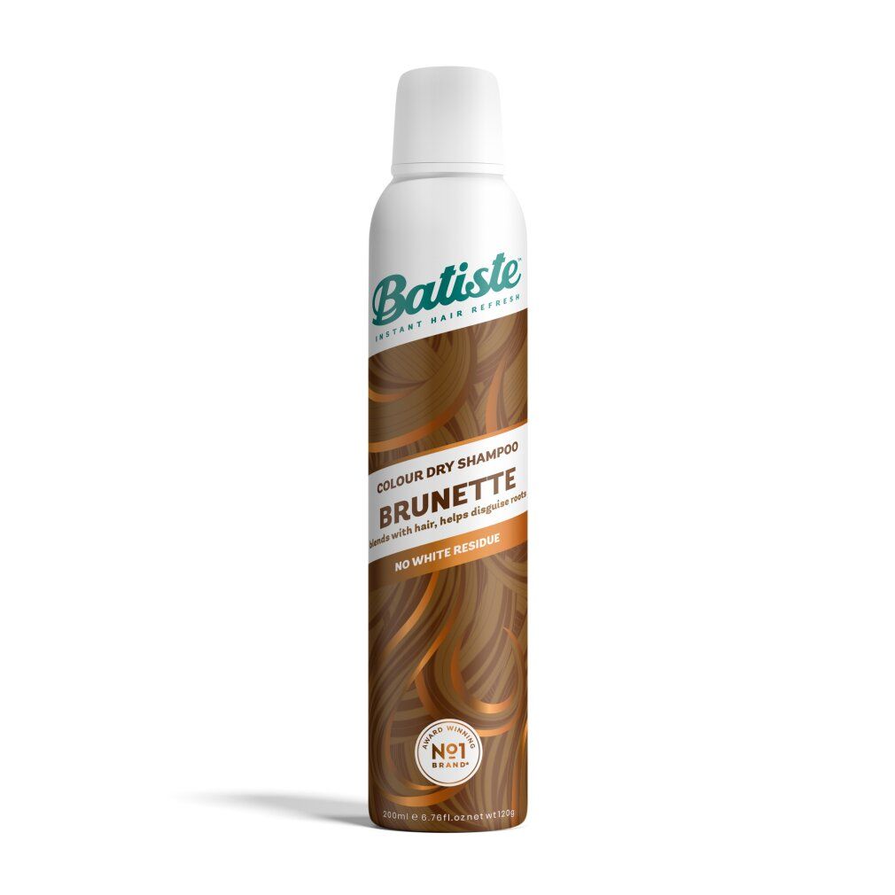 Trockenshampoo-Flasche, braune Farbe. Aufschrift: Batiste, Colour Dry Shampoo, Brnette, No White Residue. Nr. 1 Brand.