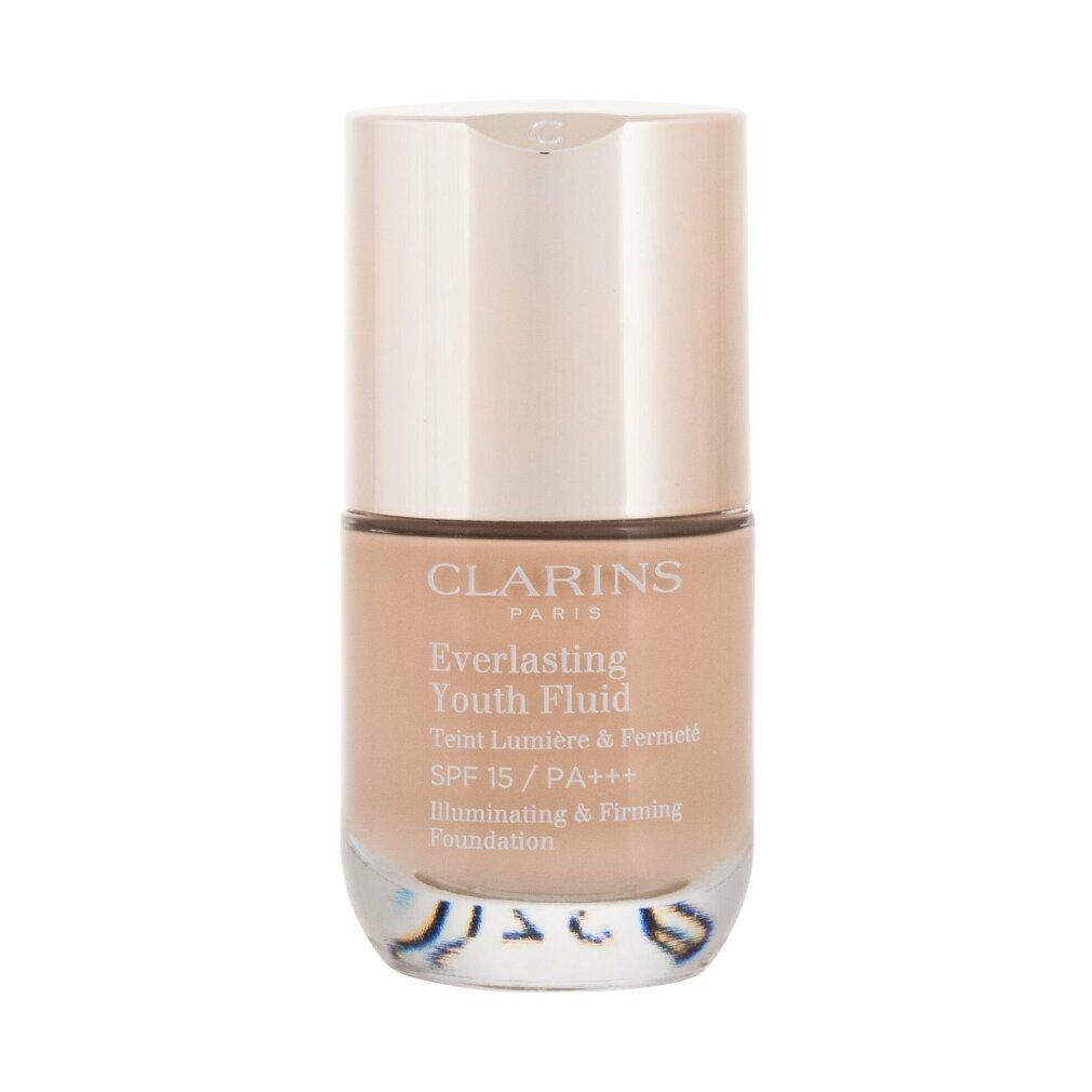 Flüssig-Make-up-Flakon. Heller Deckel, durchsichtiger Behälter. Aufschrift: Clarins, Everlasting Youth Fluid, SPF 15/PA+++.