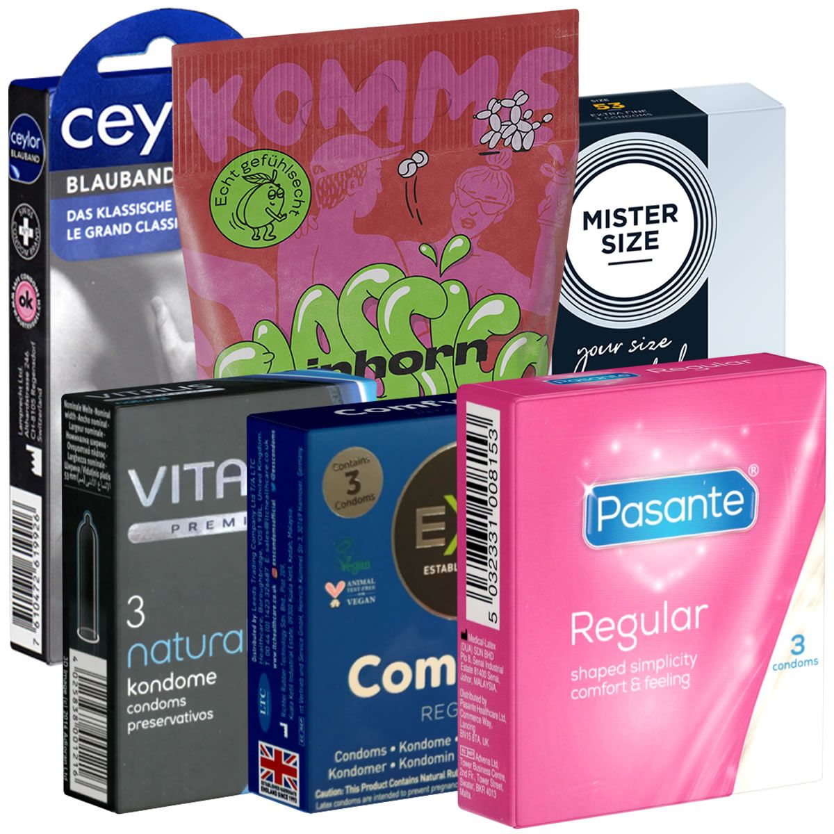 Mehrere Kondom-Verpackungen in verschiedenen Farben und Designs. Marken: cey, KOMM, Mister Size, VITA, EX, Pasante. Anzahl: 3 Kondome.