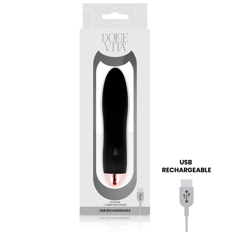 Verpackung mit schwarzem Silikon-Vibrator. USB aufladbar, 7 Vibrationsmodi.