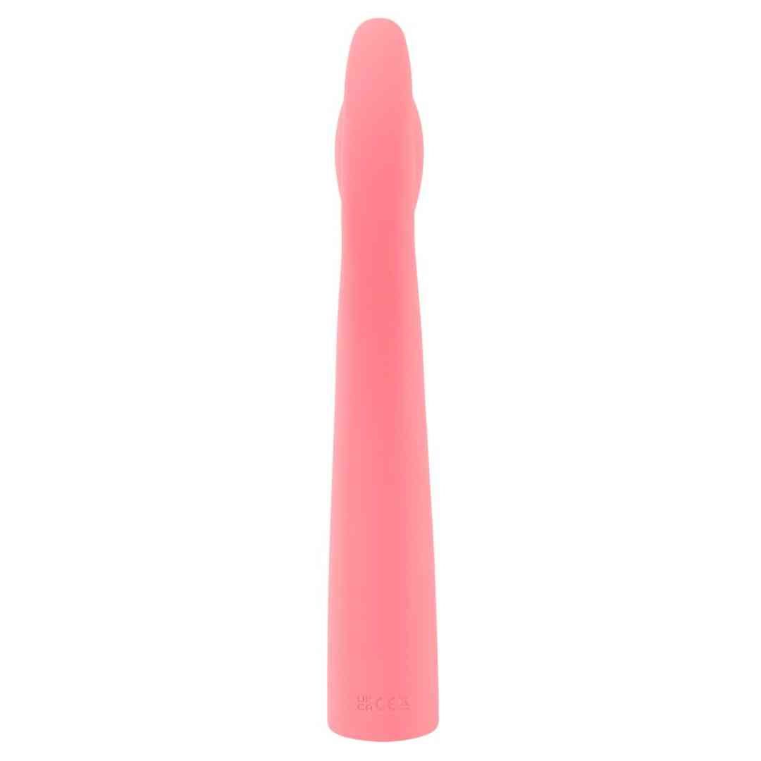 Rosa Vibrator mit länglichem Schaft und abgerundeter Spitze. Das Design ist schlicht und elegant.