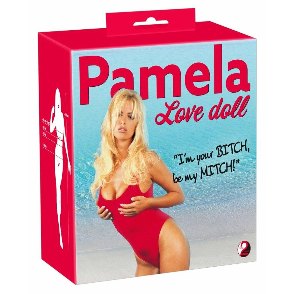 Verpackung der Love doll Pamela. Frau im roten Badeanzug. Aufschrift: Pamela, Love doll. Zitat: I'm your BITCH, be my MITCH!