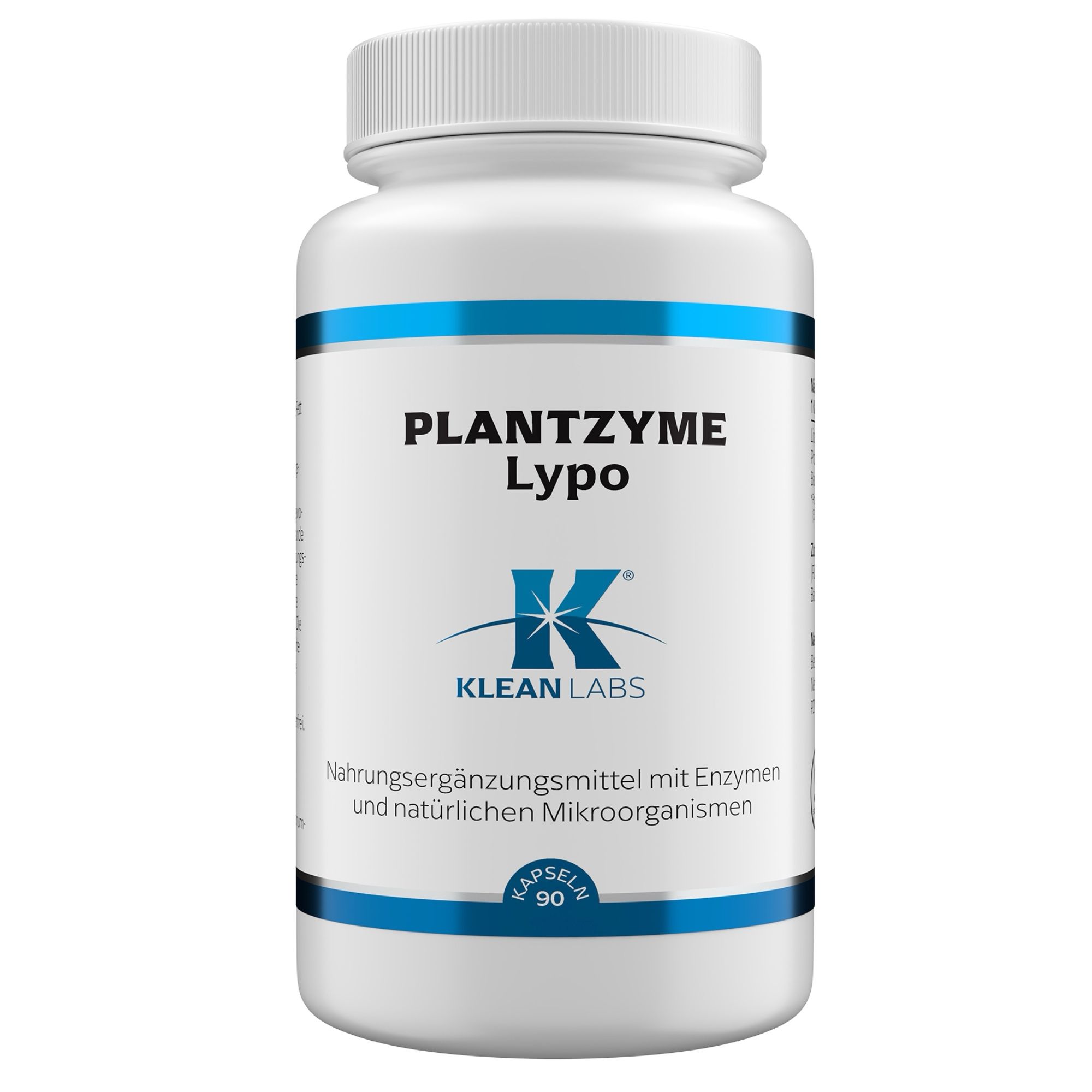 Weiße Flasche mit blauem Etikett. Aufschrift: PLANTZYME Lypo, Klean Labs. Nahrungsergänzungsmittel mit Enzymen und natürlichen Mikroorganismen. 90 Kapseln.