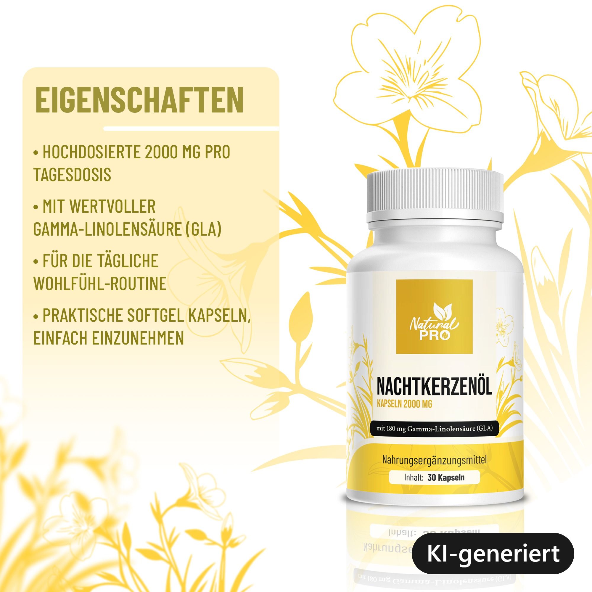 Flasche mit Nachtkerzenöl-Kapseln. Enthält 30 Kapseln. Mit detaillierten Produkteigenschaften.