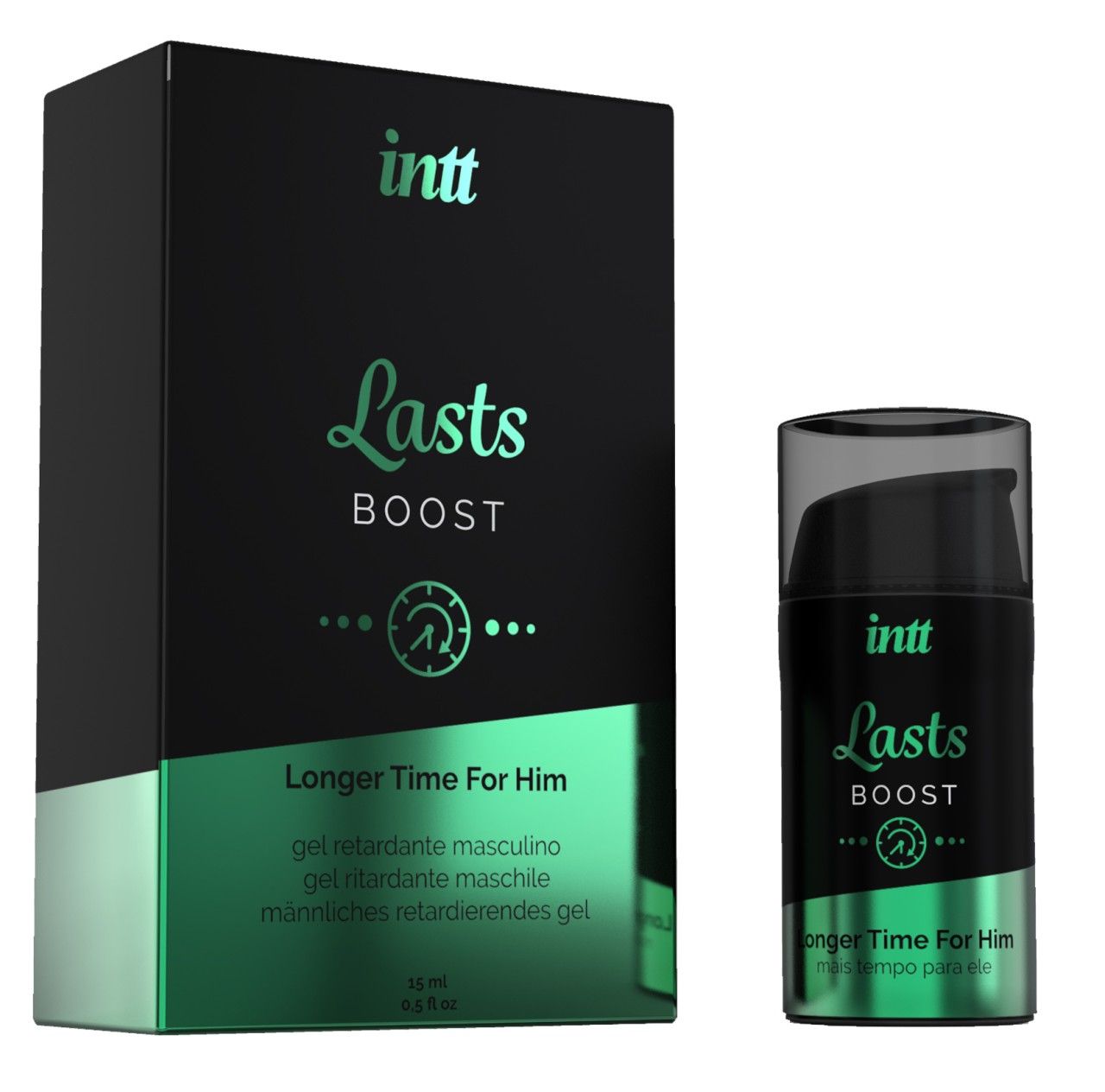 Schwarze Verpackung und Flasche. Aufschrift: INTT, Lasts Boost, Longer Time For Him. Flasche mit Dosierkopf.