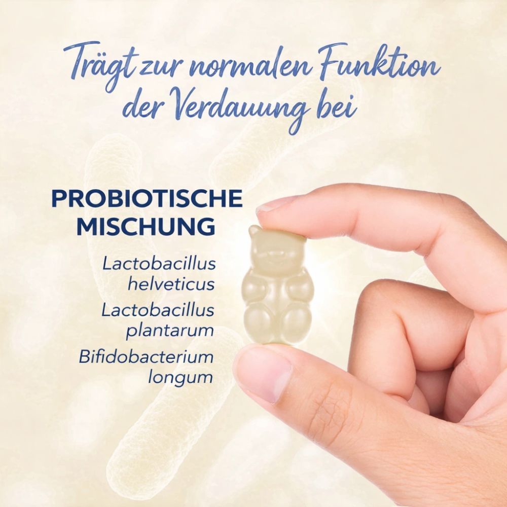 Hand hält ein Gummibärchen. Text: „Trägt zur normalen Funktion der Verdauung bei“. Darunter: Probiotische Mischung mit Inhaltsstoffen.