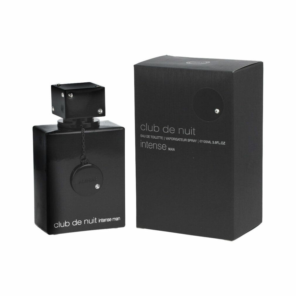 Schwarzer Flakon und Karton. Aufschrift: Club de Nuit Intense Man. Flakon mit quadratischem Deckel.