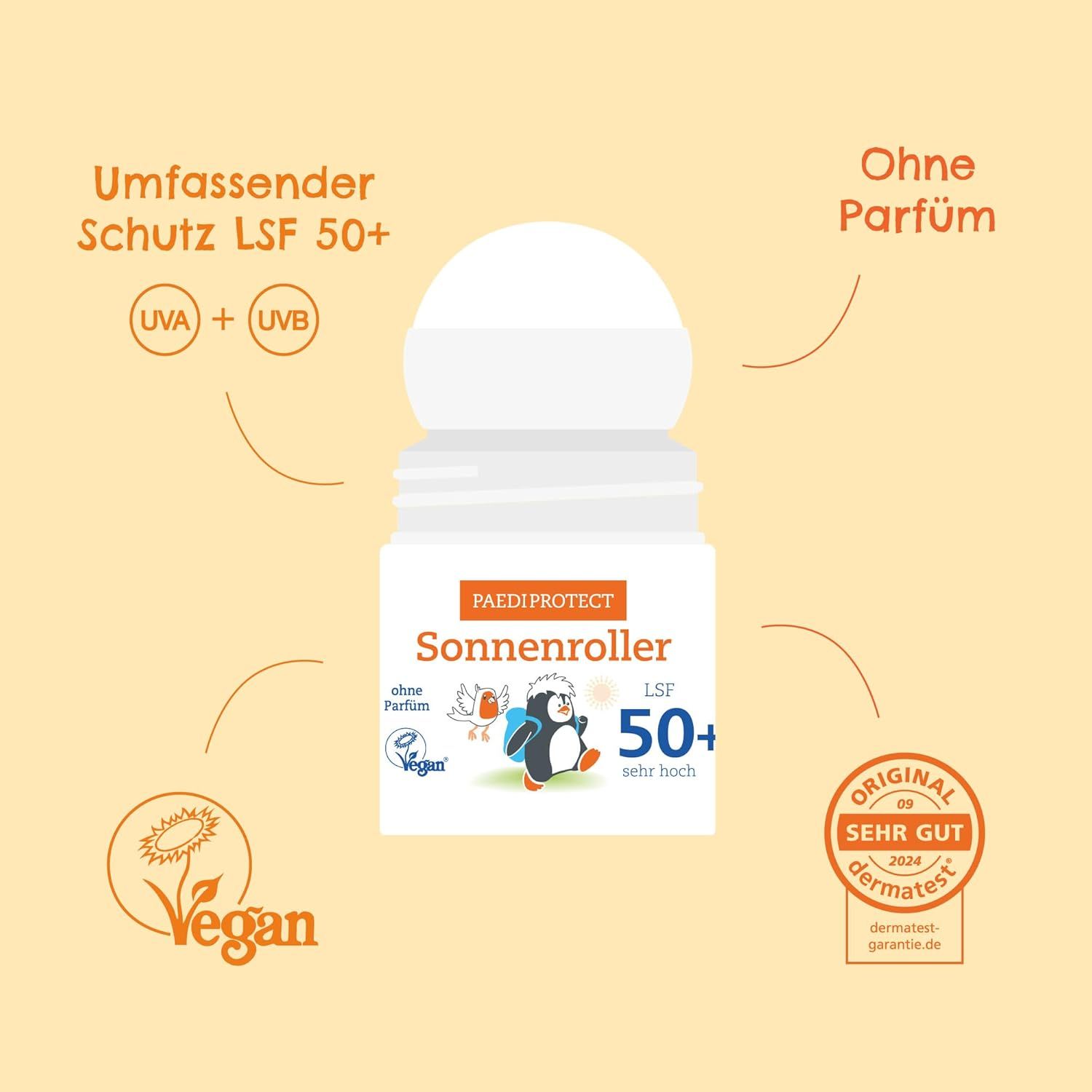 Sonnenroller mit Text und Illustrationen. Aufschrift: PAEDIPROTECT Sonnenroller LSF 50+. Vegan-Siegel. Dermatest-Siegel. Pfeile zeigen auf Details.
