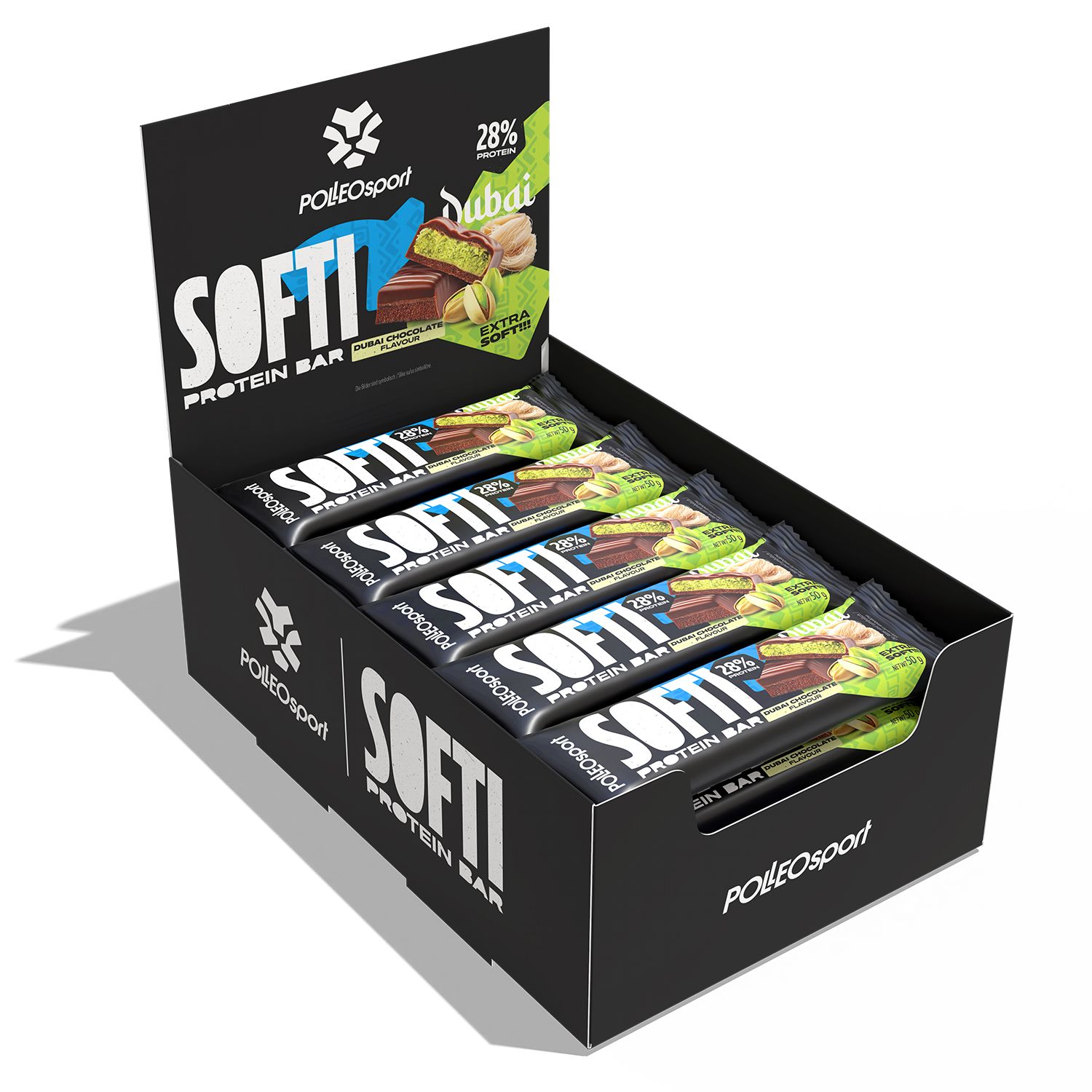 Schwarzer Karton mit Proteinriegeln. Aufschrift: SOFTI Protein Bar. Einzelne Riegel mit Pistazien-Geschmack.