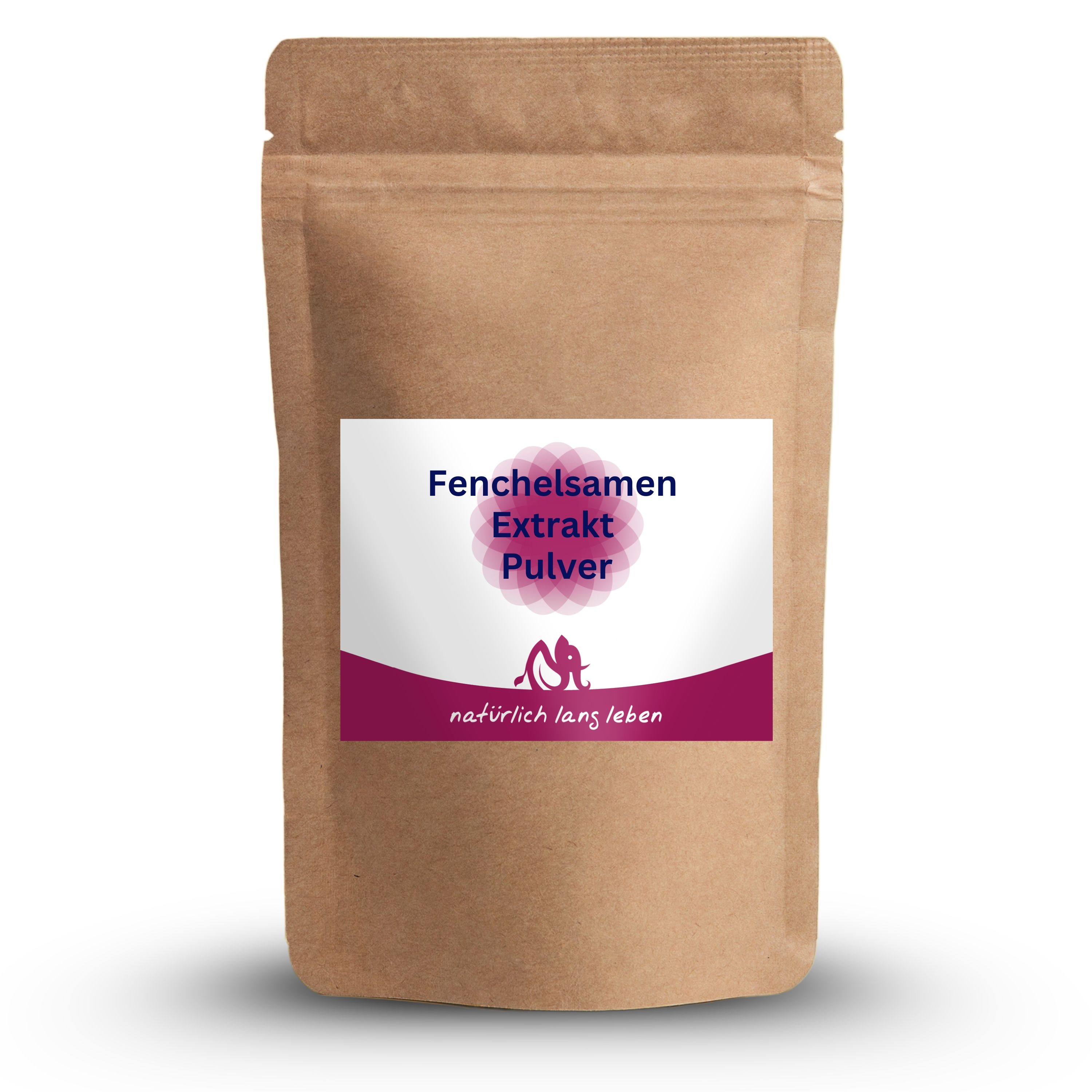 Braune Papiertüte mit Etikett. Fenchelsamen Extrakt Pulver. Marke: natürlich lang leben.