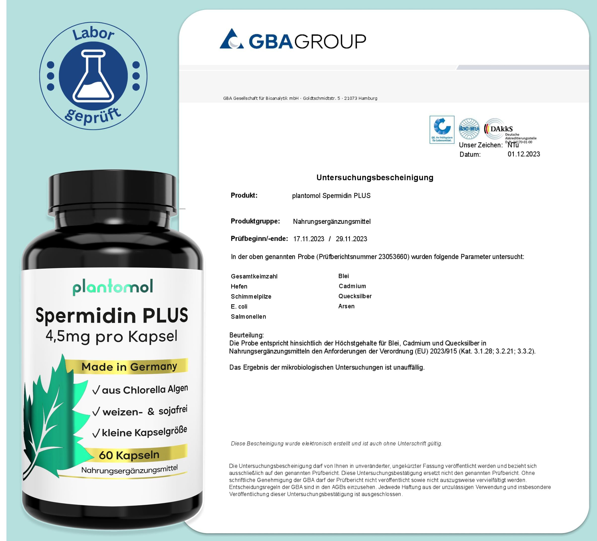 Schwarze Flasche mit Kapseln neben einem Laborbericht. Aufschrift: plantomol Spermidin PLUS, 4,5mg pro Kapsel, 60 Kapseln. Made in Germany.