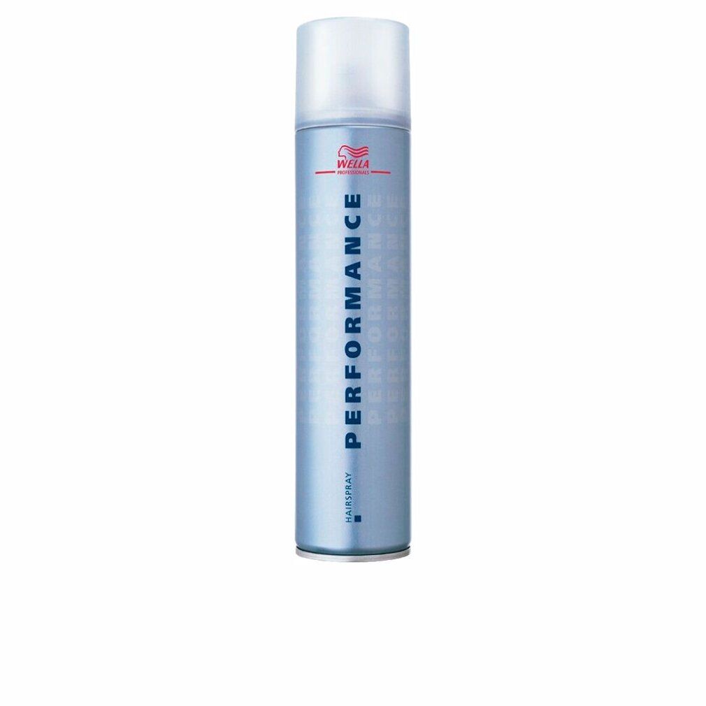 Haarspray-Dose mit blauem Etikett. Oben weißer Sprühkopf. Aufschrift: PERFORMANCE, HAISPRAY, WELL.