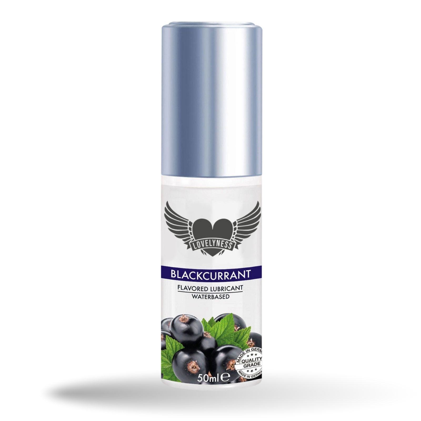 Flüssiggleitmittel mit Aromen. Enthält 50ml. Mit dem Logo Lovelyness und dem Namen Blackcurrant. Wasserbasiert.