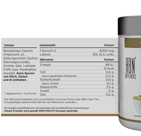 HBN Supplements Clean Flav Dose mit Nährwertangaben und Zutatenliste.