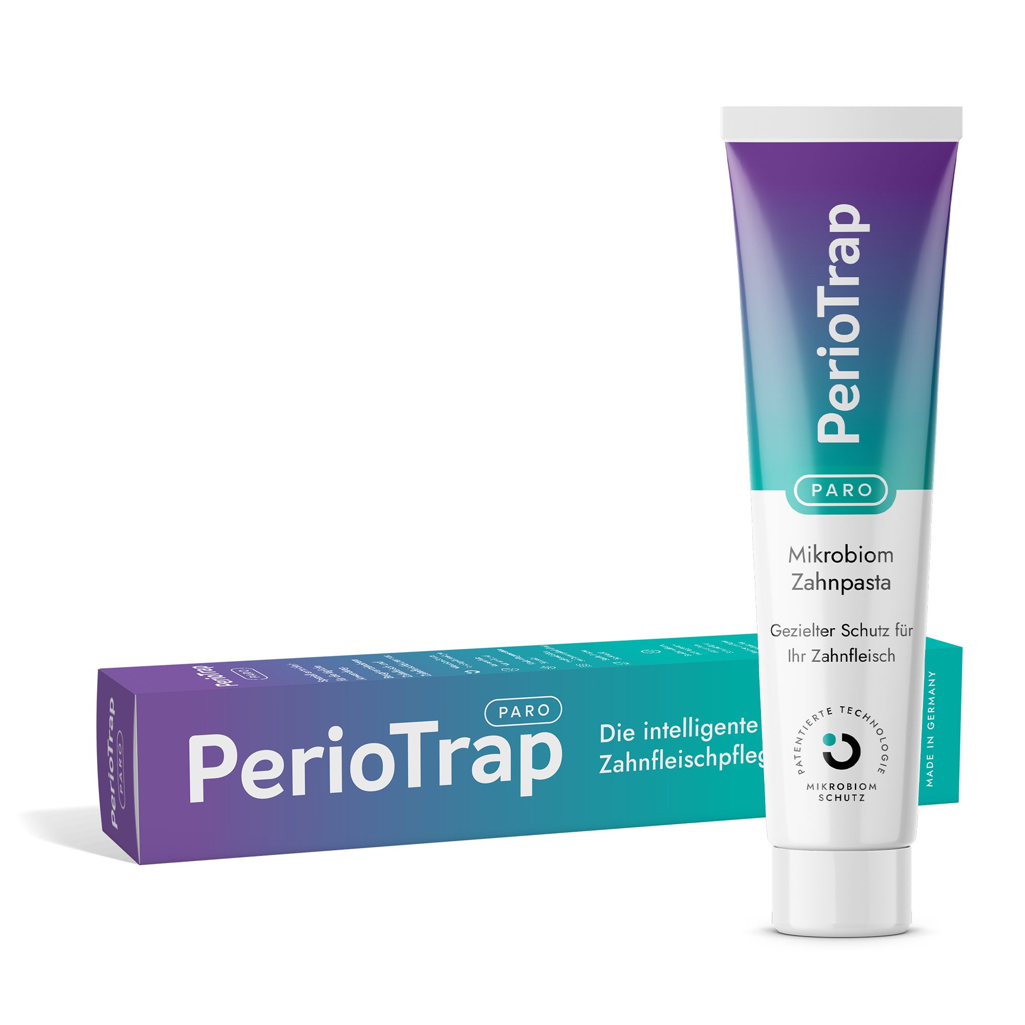 PerioTrap Mikrobiom Zahnpasta Tube und Karton. Gezielter Schutz für Ihr Zahnfleisch.