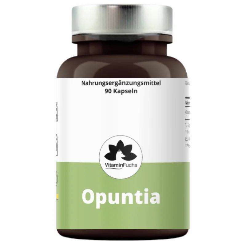 Braune Flasche mit silbernem Deckel. Aufschrift: Opuntia, Vitamin Fuchs. Enthält 90 Kapseln.