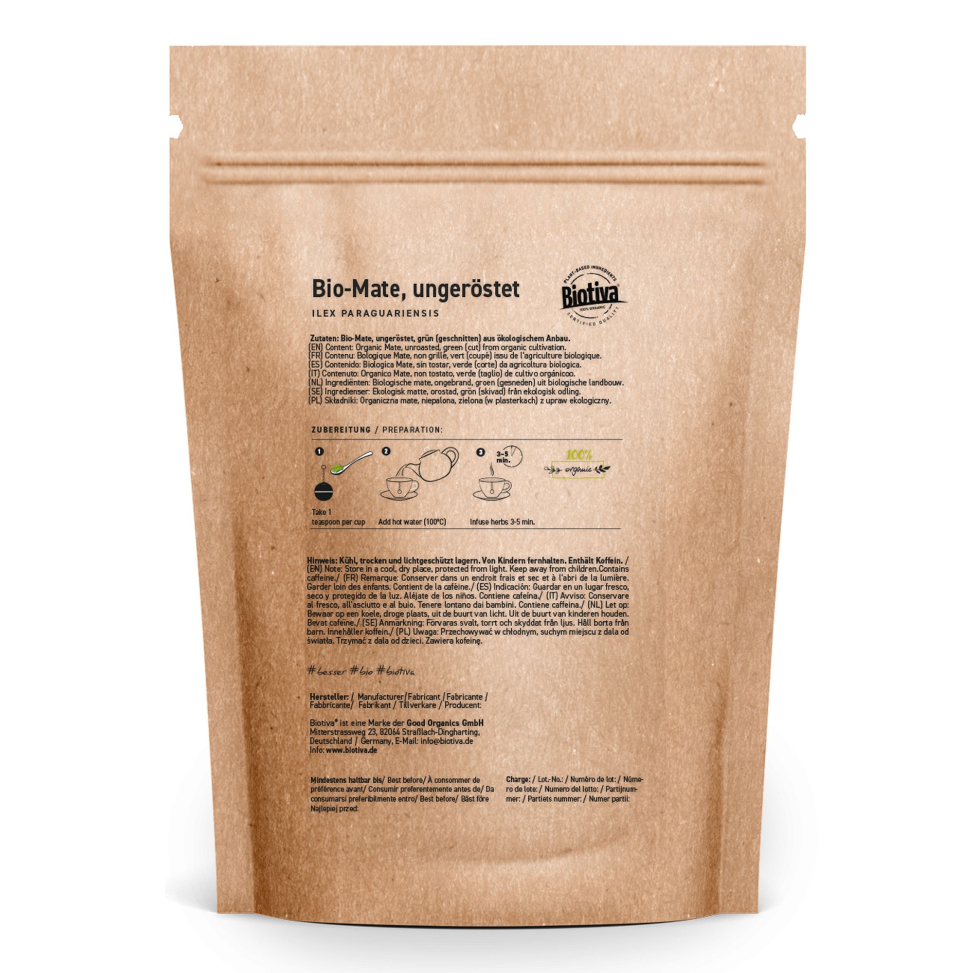 Rückseite der Mate-Tüte. Text: Bio-Mate, ungeröstet. Zubereitungshinweise und Logos von Biotiva und Great Organic Brands.