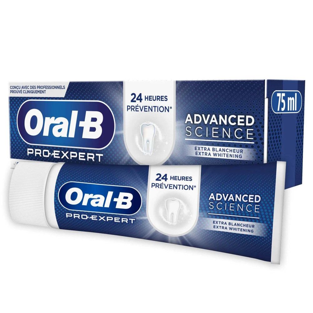 Zahnpasta-Tube und Schachtel. Marke: Oral-B Pro-Expert Advanced Science. Blaue Verpackung, weiße Tube. Text: Extra Weiß, 75 ml.