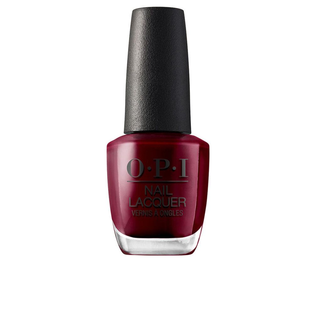 Nagellackflasche, dunkelrot. Schwarzer Deckel. OPI Nail Lacquer Schriftzug.