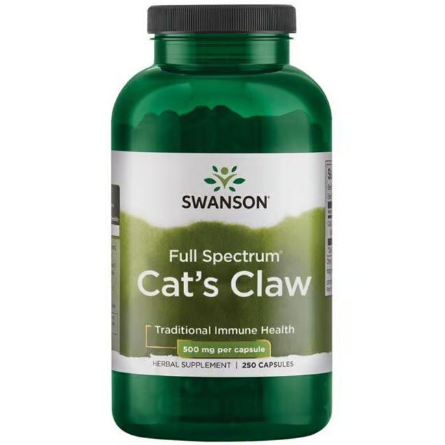 Grüne Flasche mit weißem Etikett. Aufschrift: Swanson, Full Spectrum Cat's Claw, 500 mg pro Kapsel, 250 Kapseln.