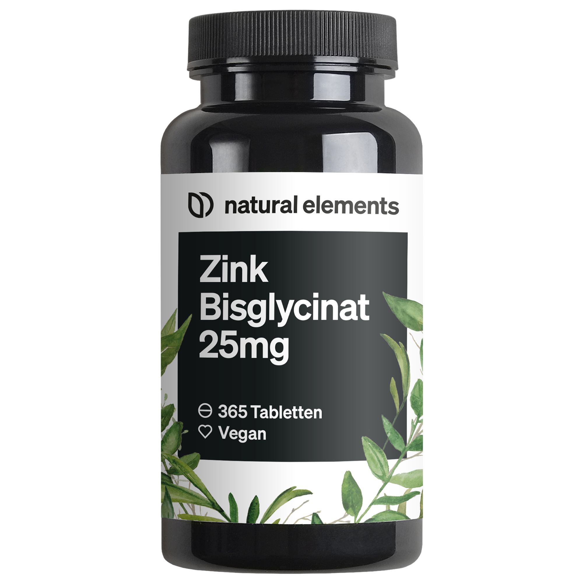 Schwarze Flasche mit weißem Etikett. Aufschrift: natural elements, Zink Bisglycinat 25mg, 365 Tabletten, Vegan.