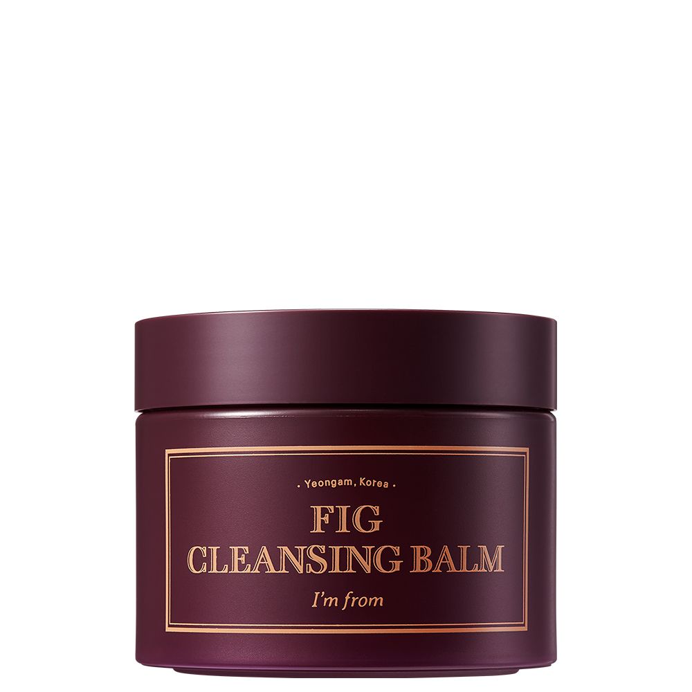 Dunkelrotes Tiegel mit goldfarbener Schrift: FIG CLEANSING BALM, I'm from. Deckel und Tiegel sind zylindrisch.