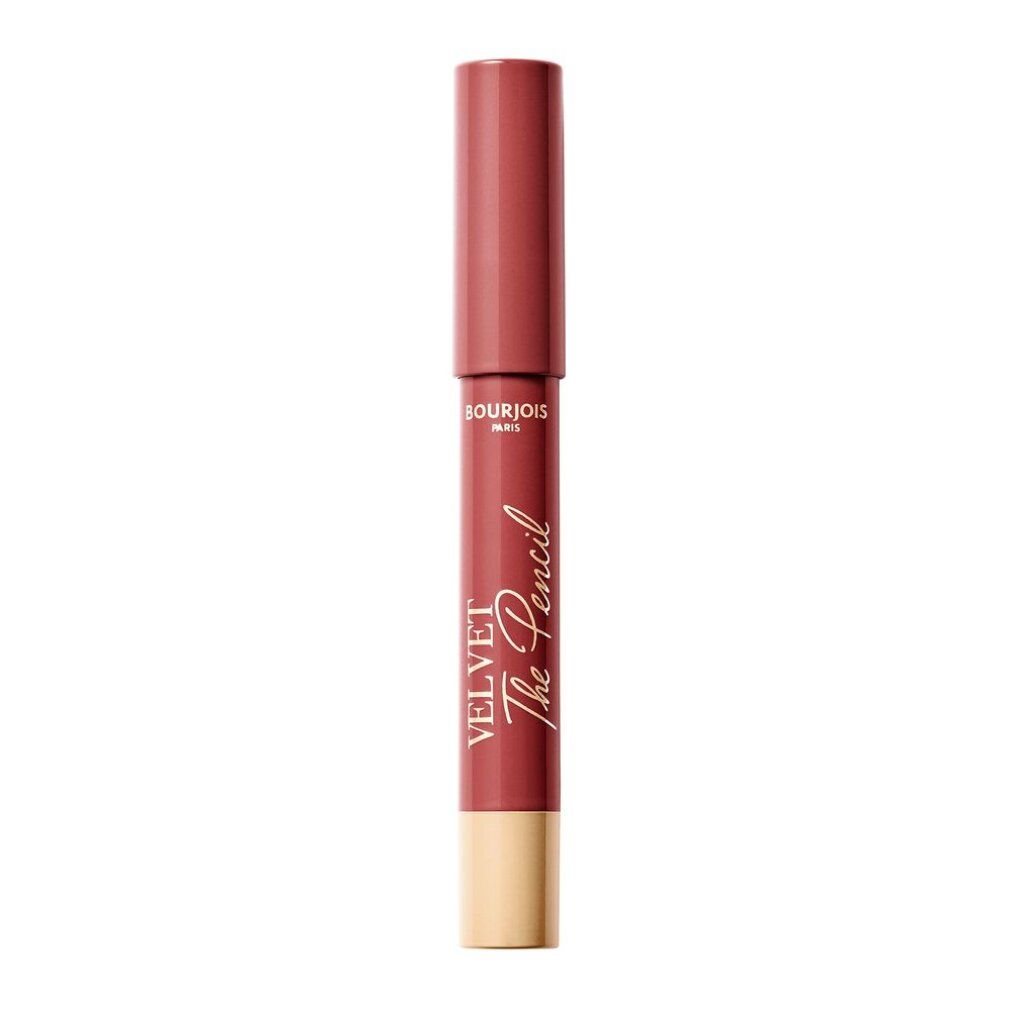Lippenstiftstift. Rotbraune Farbe. Aufschrift: Bourjois Paris, Velvet The Pencil. Unterteil goldfarben.