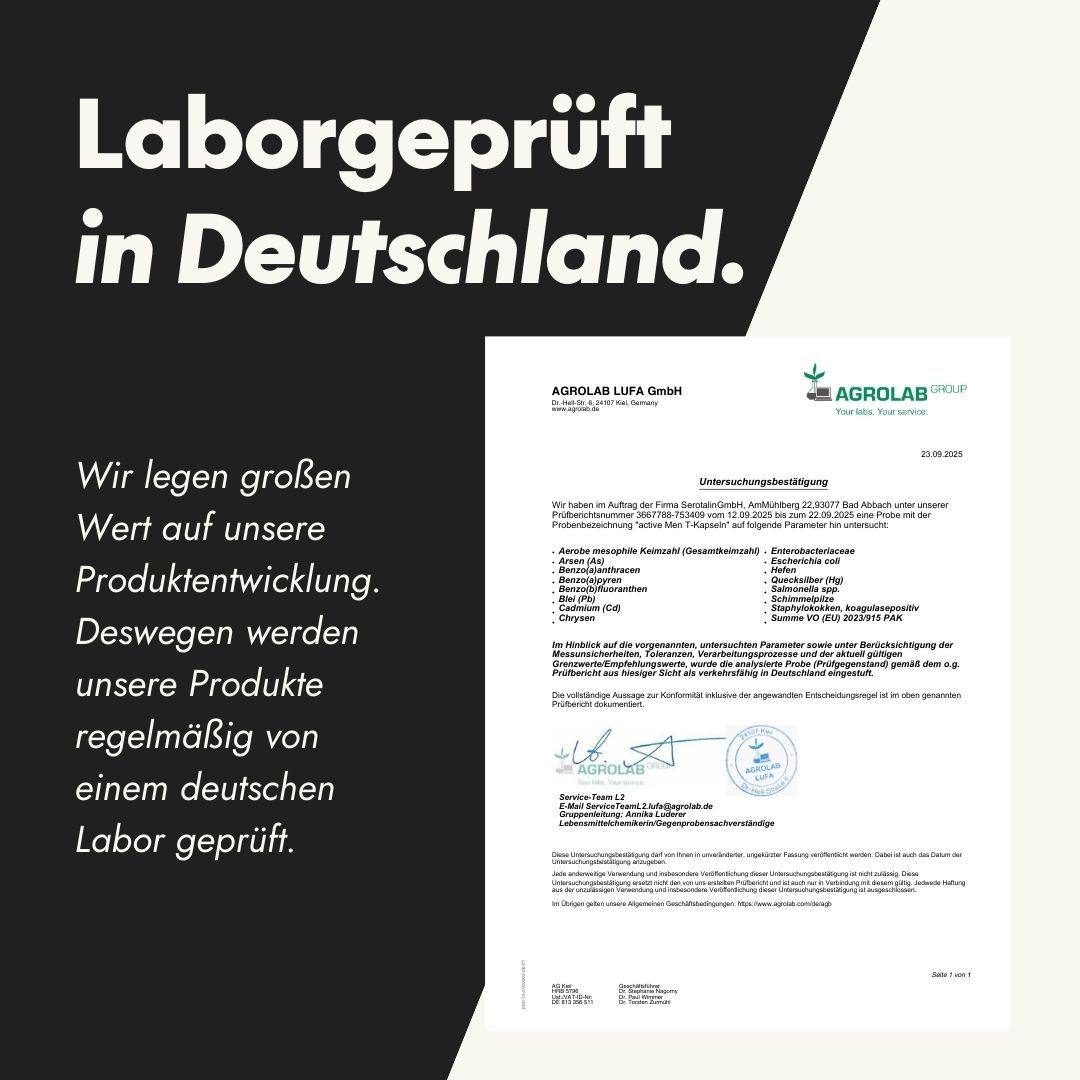 Laborgeprüft in Deutschland: Zertifikat mit Text über Produktentwicklung und Laborprüfung.