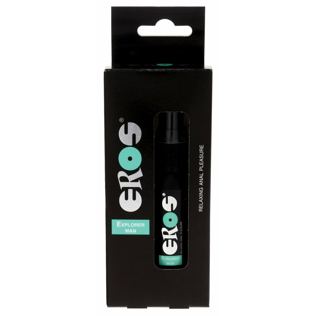 Schwarze Verpackung mit EROS Explorer Man Spray. Produkt und Verpackung zeigen Logos und Text.