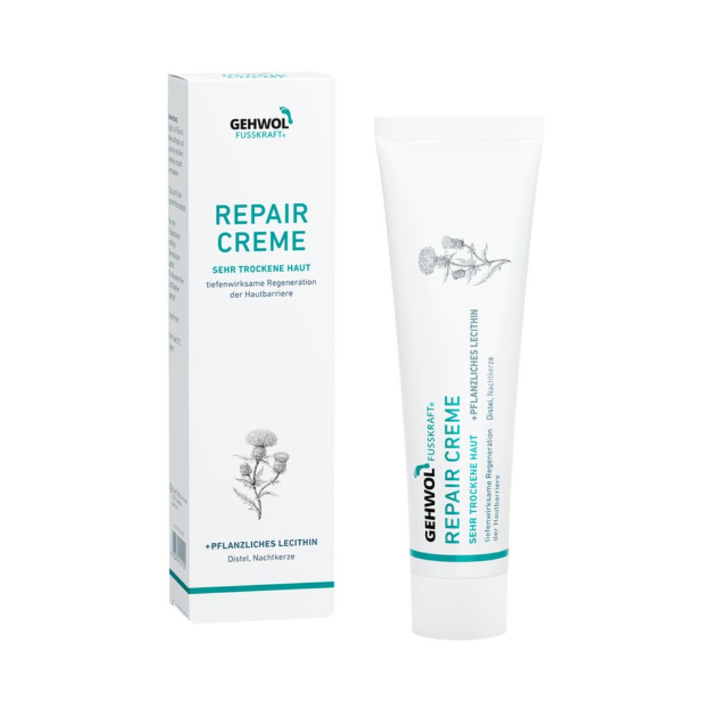 Creme-Tube und Schachtel. Aufschrift: GEHWOL FUSSKRAFT Repair Creme. Enthält pflanzliches Lecithin. Mit Distel-Illustration.