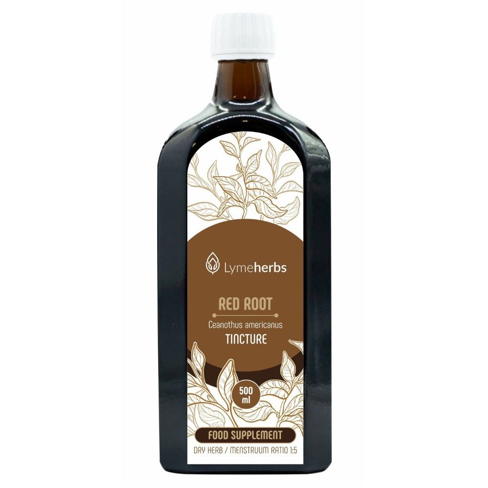 Dunkelbraune Glasflasche mit weißem Verschluss, Etikett mit Pflanzenmotiv, "Red Root Tincture" und "Food Supplement".