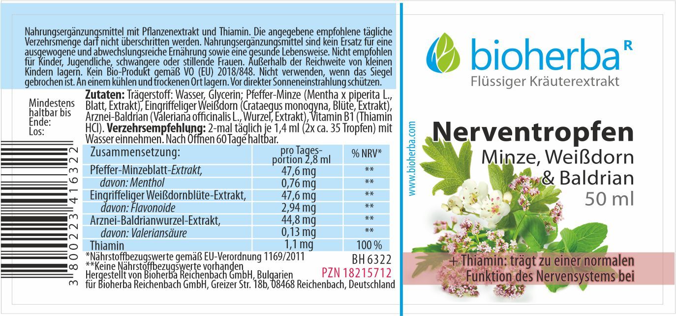Etikett mit Produktnamen, Logo und floralen Illustrationen. Enthält Informationen zu Inhaltsstoffen und Dosierung. 50 ml.