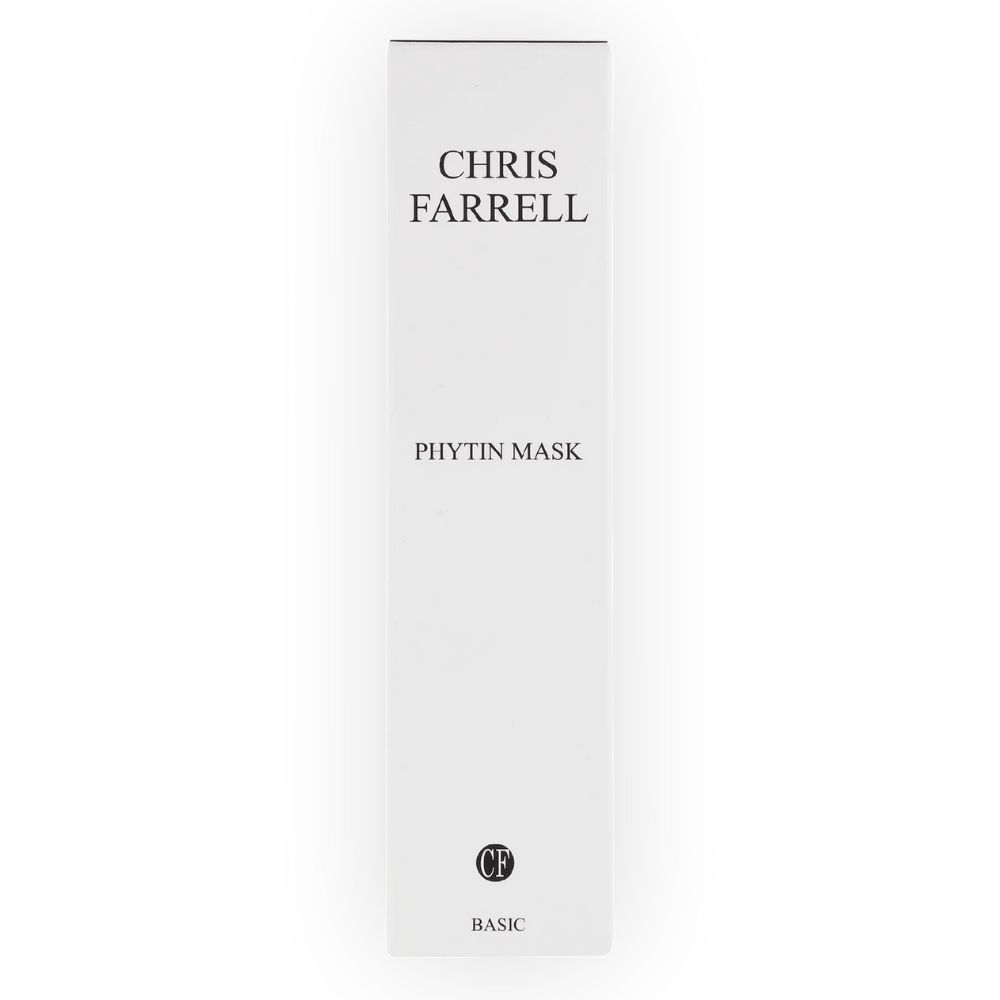 Weiße Verpackung mit schwarzem Text. Oben steht "CHRIS FARRELL", darunter "PHYTIN MASK". Unten Logo "CF" und "BASIC".