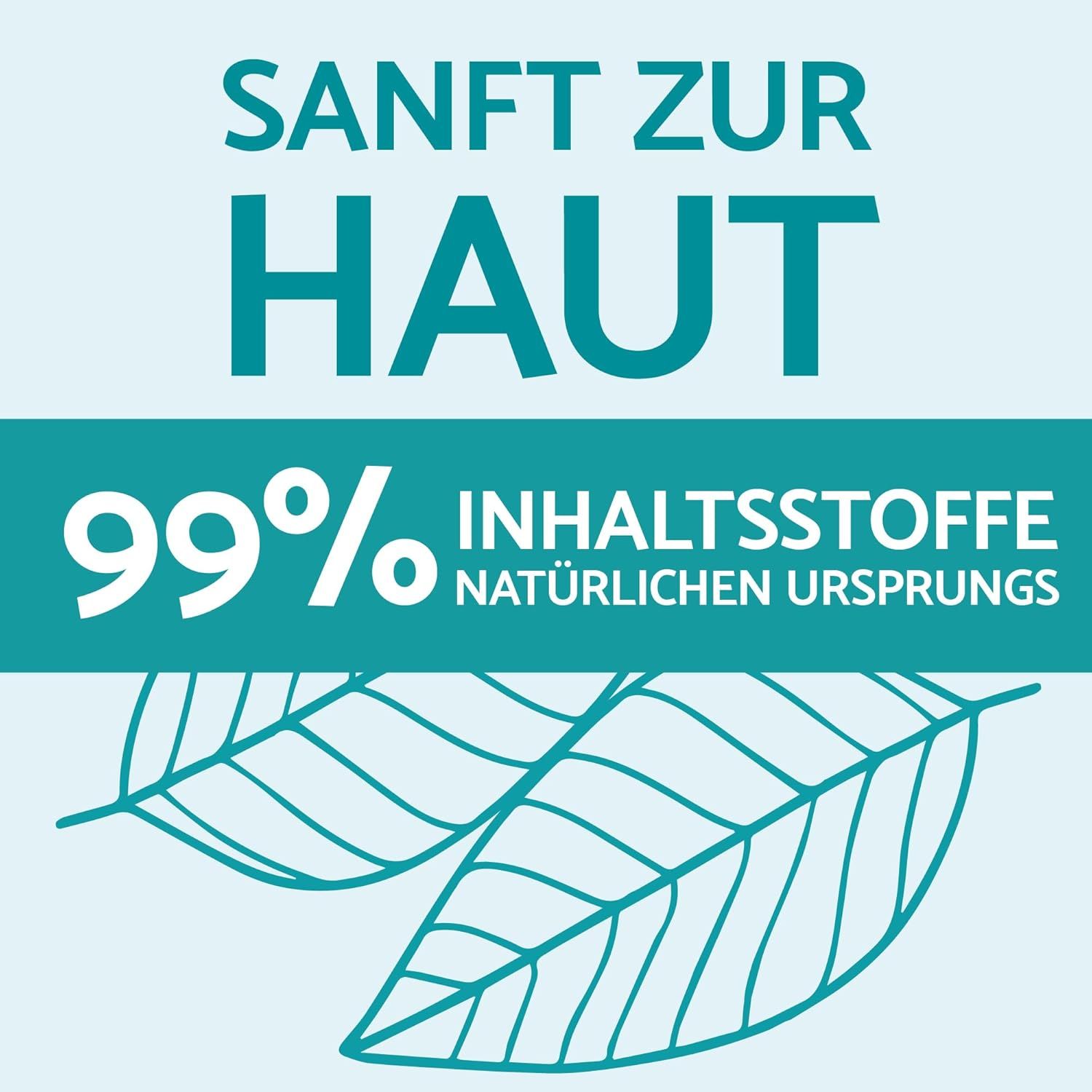 Text: Sanft zur Haut, 99% Inhaltsstoffe natürlichen Ursprungs. Zwei Blätter.